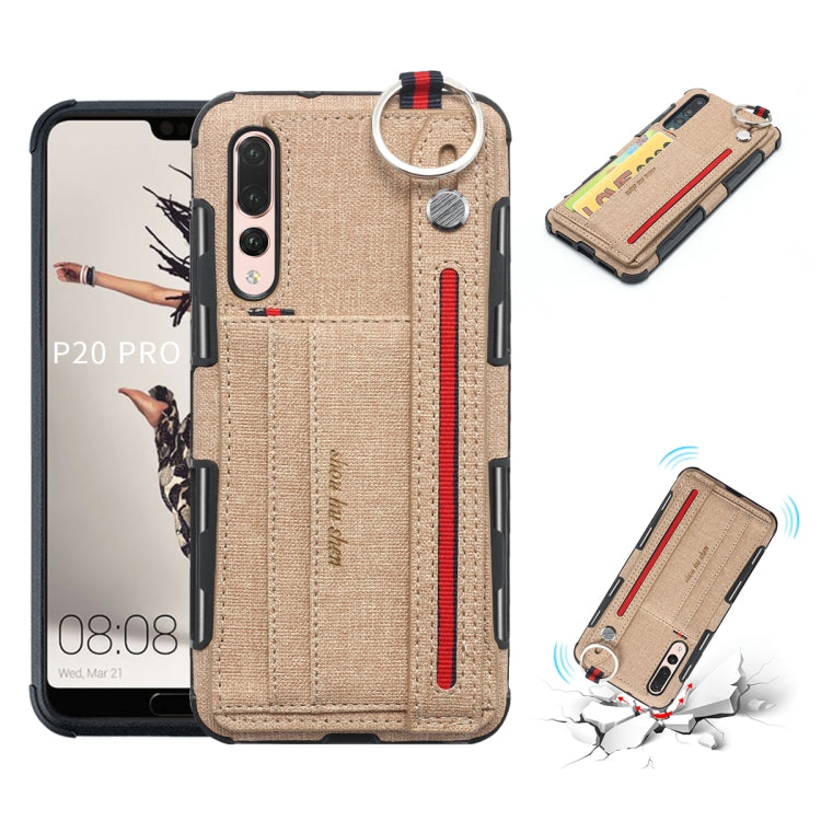 For Huawei P20 Pro Cloth Texture + TPU Shockproof Protective Case with Metal Ring & Holder & Card Slots & Hanging Strap