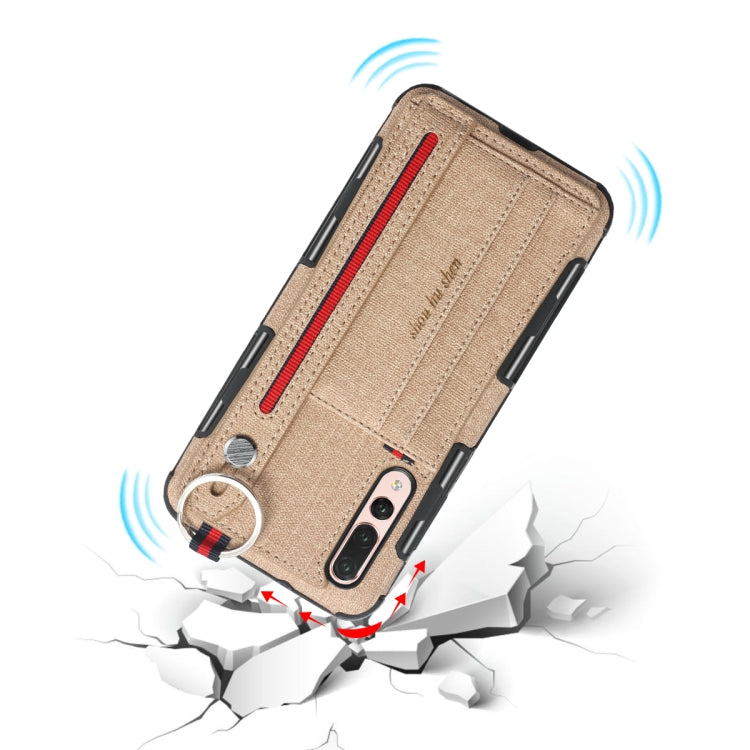 For Huawei P20 Pro Cloth Texture + TPU Shockproof Protective Case with Metal Ring & Holder & Card Slots & Hanging Strap
