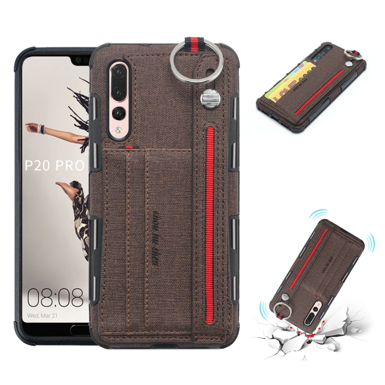 For Huawei P20 Pro Cloth Texture + TPU Shockproof Protective Case with Metal Ring & Holder & Card Slots & Hanging Strap