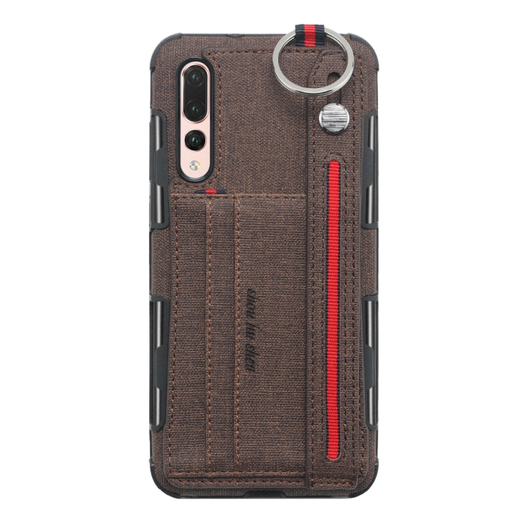 For Huawei P20 Pro Cloth Texture + TPU Shockproof Protective Case with Metal Ring & Holder & Card Slots & Hanging Strap