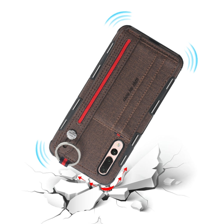 For Huawei P20 Pro Cloth Texture + TPU Shockproof Protective Case with Metal Ring & Holder & Card Slots & Hanging Strap