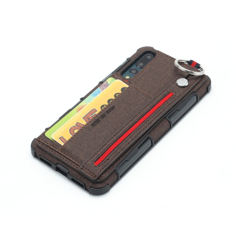 For Huawei P20 Pro Cloth Texture + TPU Shockproof Protective Case with Metal Ring & Holder & Card Slots & Hanging Strap