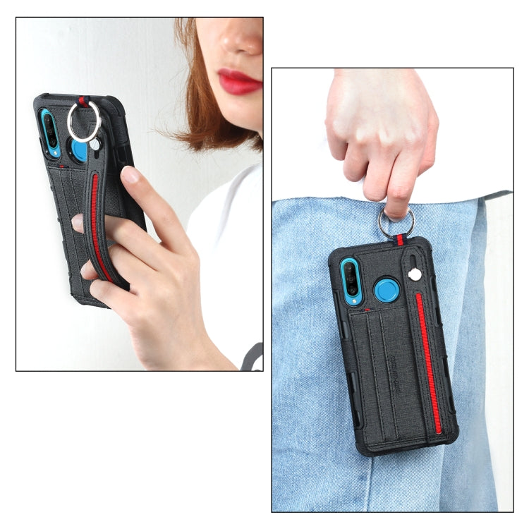 For Huawei P20 Pro Cloth Texture + TPU Shockproof Protective Case with Metal Ring & Holder & Card Slots & Hanging Strap