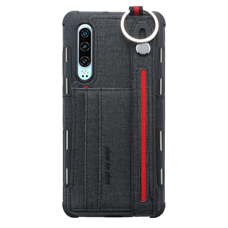 For Huawei P30 Cloth Texture + TPU Shockproof Protective Case with Metal Ring & Holder & Card Slots & Hanging Strap