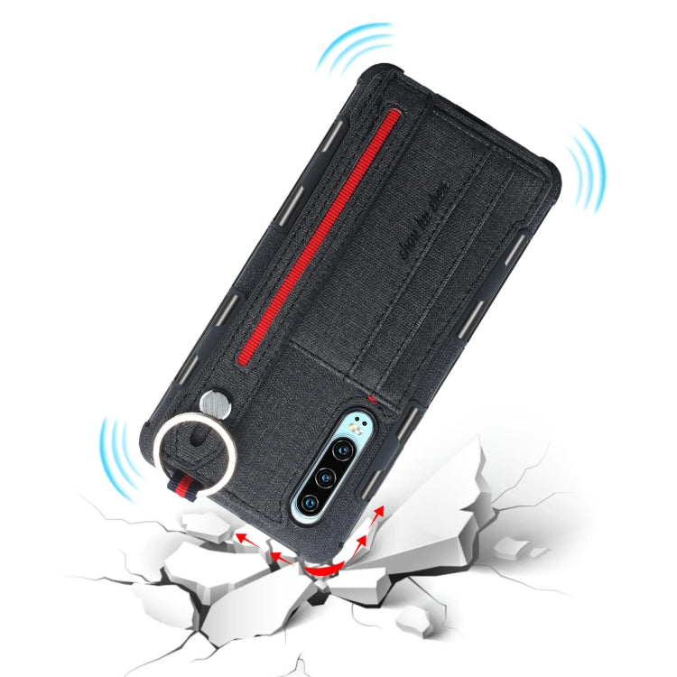 For Huawei P30 Cloth Texture + TPU Shockproof Protective Case with Metal Ring & Holder & Card Slots & Hanging Strap