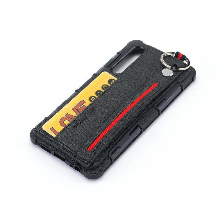 For Huawei P30 Cloth Texture + TPU Shockproof Protective Case with Metal Ring & Holder & Card Slots & Hanging Strap
