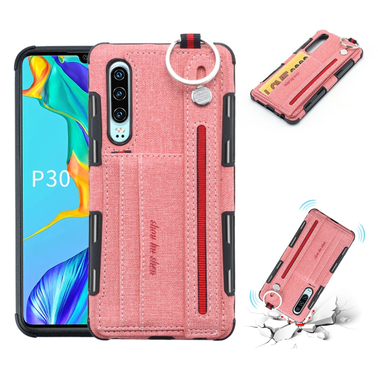 For Huawei P30 Cloth Texture + TPU Shockproof Protective Case with Metal Ring & Holder & Card Slots & Hanging Strap