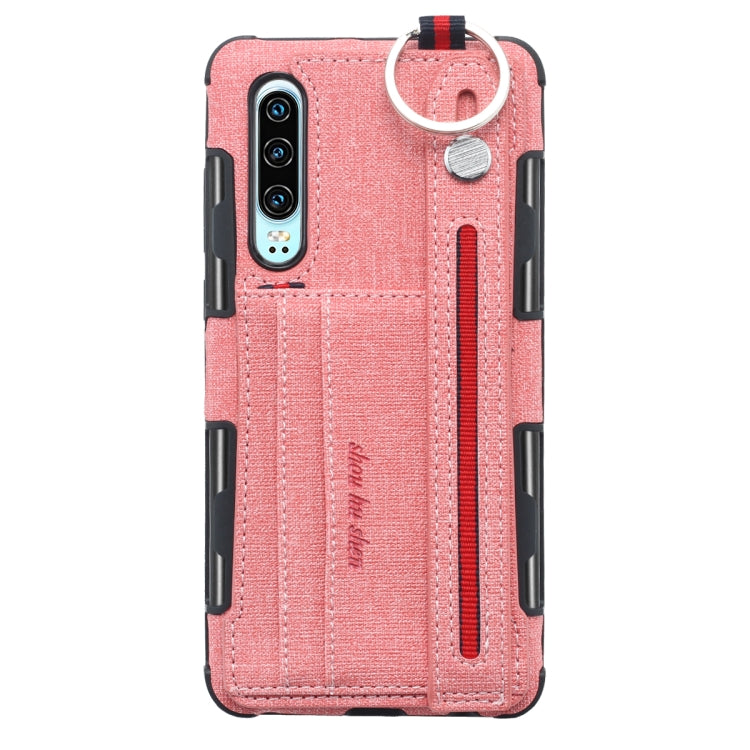 For Huawei P30 Cloth Texture + TPU Shockproof Protective Case with Metal Ring & Holder & Card Slots & Hanging Strap