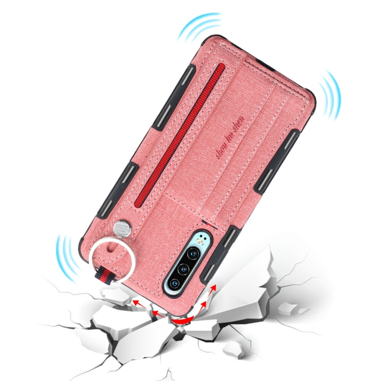 For Huawei P30 Cloth Texture + TPU Shockproof Protective Case with Metal Ring & Holder & Card Slots & Hanging Strap