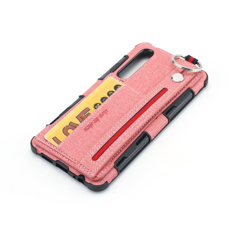 For Huawei P30 Cloth Texture + TPU Shockproof Protective Case with Metal Ring & Holder & Card Slots & Hanging Strap