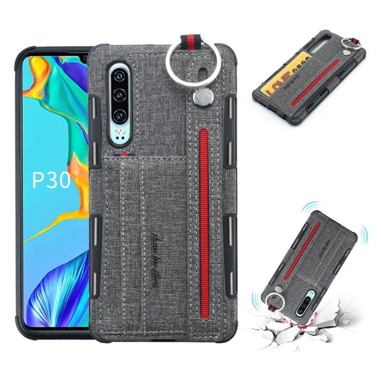 For Huawei P30 Cloth Texture + TPU Shockproof Protective Case with Metal Ring & Holder & Card Slots & Hanging Strap