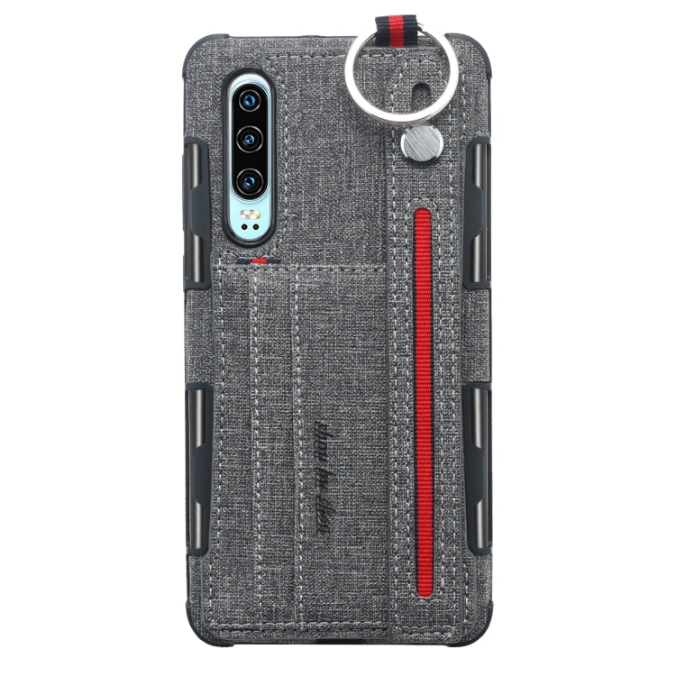 For Huawei P30 Cloth Texture + TPU Shockproof Protective Case with Metal Ring & Holder & Card Slots & Hanging Strap