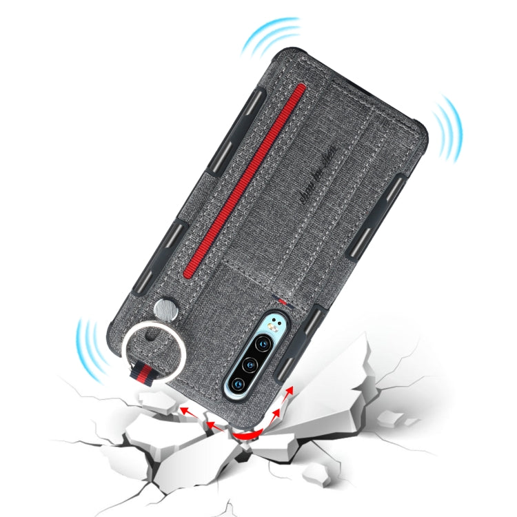 For Huawei P30 Cloth Texture + TPU Shockproof Protective Case with Metal Ring & Holder & Card Slots & Hanging Strap
