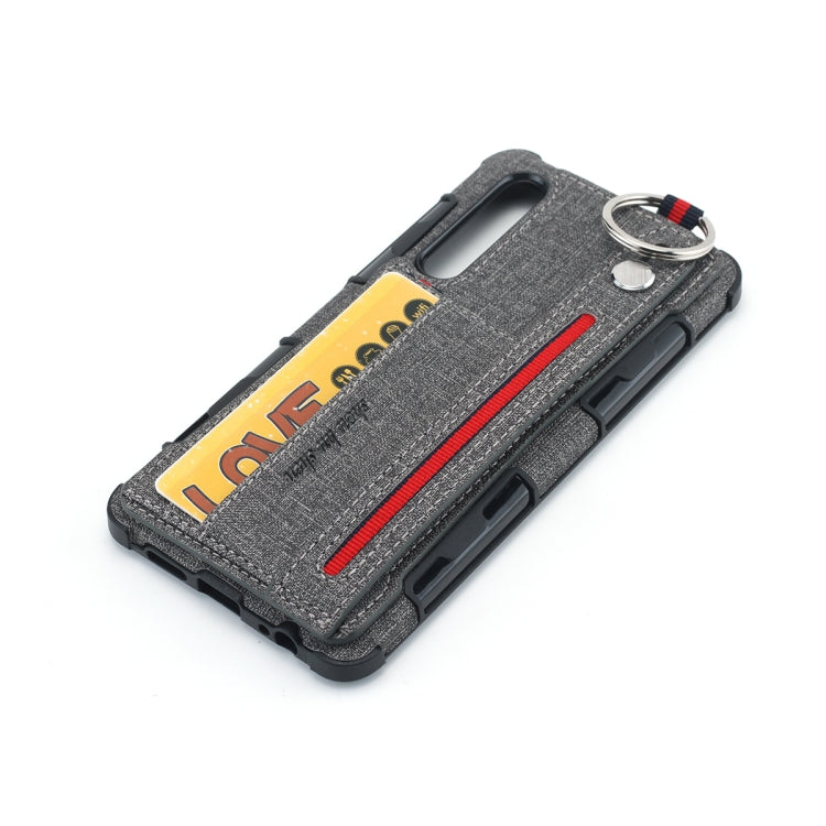 For Huawei P30 Cloth Texture + TPU Shockproof Protective Case with Metal Ring & Holder & Card Slots & Hanging Strap