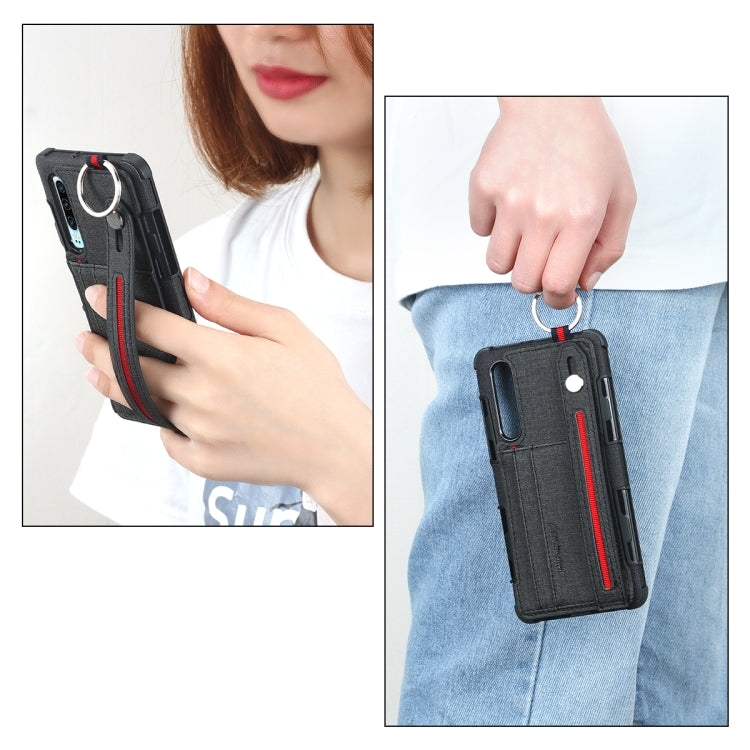 For Huawei P30 Cloth Texture + TPU Shockproof Protective Case with Metal Ring & Holder & Card Slots & Hanging Strap