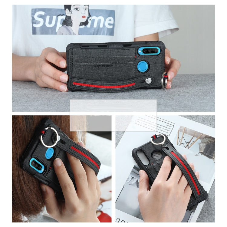 For Huawei P30 Cloth Texture + TPU Shockproof Protective Case with Metal Ring & Holder & Card Slots & Hanging Strap