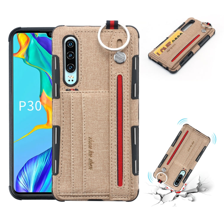 For Huawei P30 Cloth Texture + TPU Shockproof Protective Case with Metal Ring & Holder & Card Slots & Hanging Strap