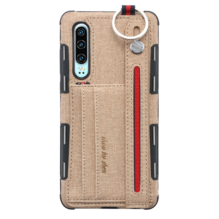 For Huawei P30 Cloth Texture + TPU Shockproof Protective Case with Metal Ring & Holder & Card Slots & Hanging Strap