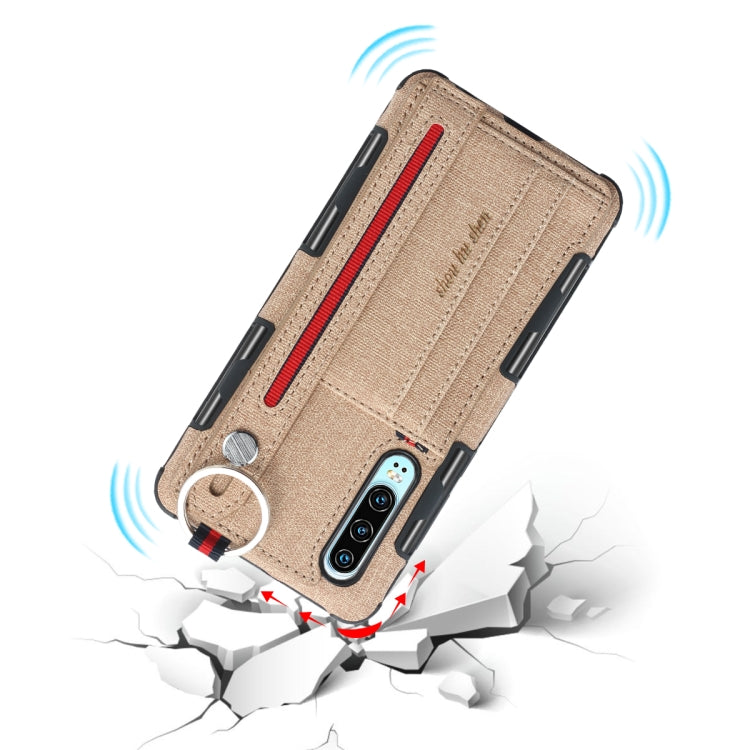 For Huawei P30 Cloth Texture + TPU Shockproof Protective Case with Metal Ring & Holder & Card Slots & Hanging Strap