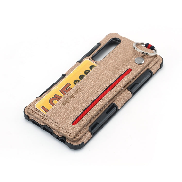 For Huawei P30 Cloth Texture + TPU Shockproof Protective Case with Metal Ring & Holder & Card Slots & Hanging Strap