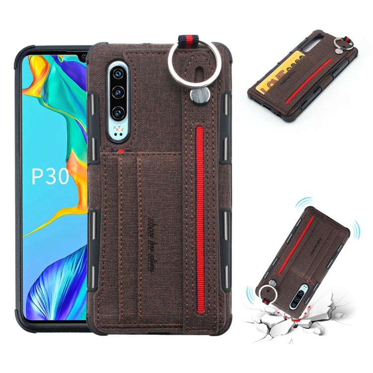 For Huawei P30 Cloth Texture + TPU Shockproof Protective Case with Metal Ring & Holder & Card Slots & Hanging Strap