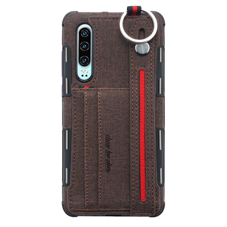 For Huawei P30 Cloth Texture + TPU Shockproof Protective Case with Metal Ring & Holder & Card Slots & Hanging Strap