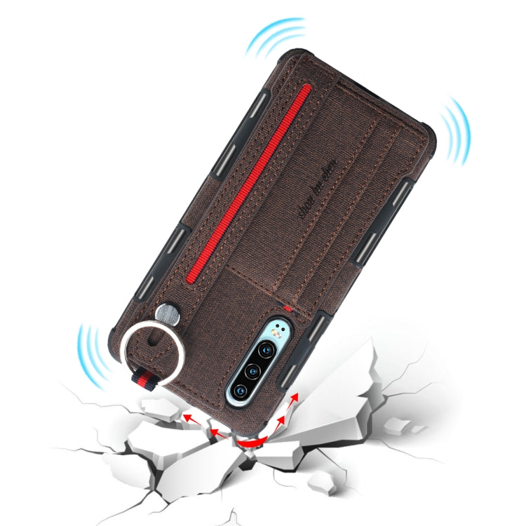 For Huawei P30 Cloth Texture + TPU Shockproof Protective Case with Metal Ring & Holder & Card Slots & Hanging Strap