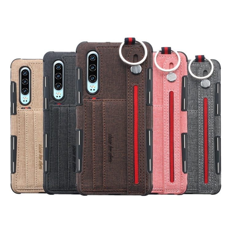 For Huawei P30 Cloth Texture + TPU Shockproof Protective Case with Metal Ring & Holder & Card Slots & Hanging Strap