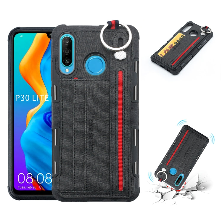 For Huawei P30 Lite Cloth Texture + TPU Shockproof Protective Case with Metal Ring & Holder & Card Slots & Hanging Strap