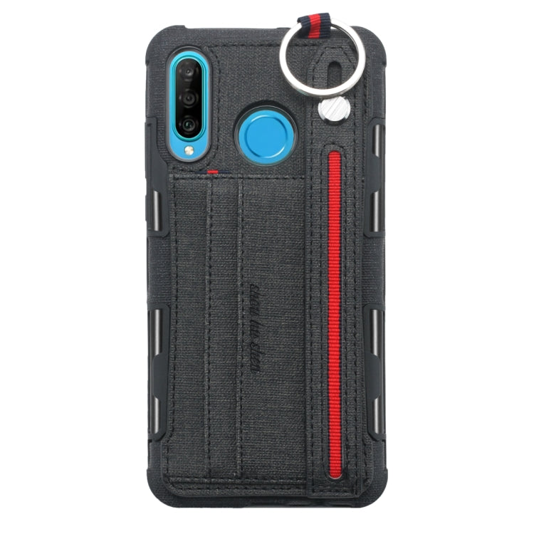 For Huawei P30 Lite Cloth Texture + TPU Shockproof Protective Case with Metal Ring & Holder & Card Slots & Hanging Strap