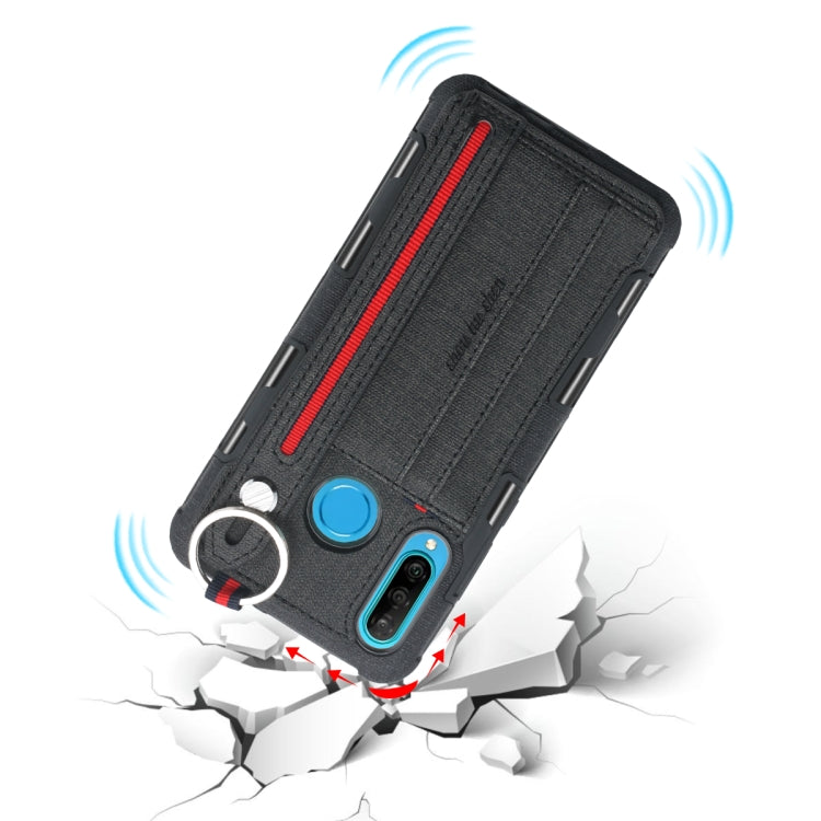 For Huawei P30 Lite Cloth Texture + TPU Shockproof Protective Case with Metal Ring & Holder & Card Slots & Hanging Strap