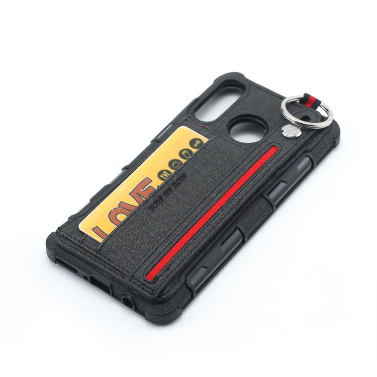 For Huawei P30 Lite Cloth Texture + TPU Shockproof Protective Case with Metal Ring & Holder & Card Slots & Hanging Strap