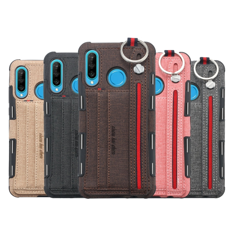 For Huawei P30 Lite Cloth Texture + TPU Shockproof Protective Case with Metal Ring & Holder & Card Slots & Hanging Strap