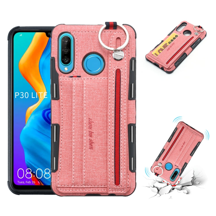 For Huawei P30 Lite Cloth Texture + TPU Shockproof Protective Case with Metal Ring & Holder & Card Slots & Hanging Strap