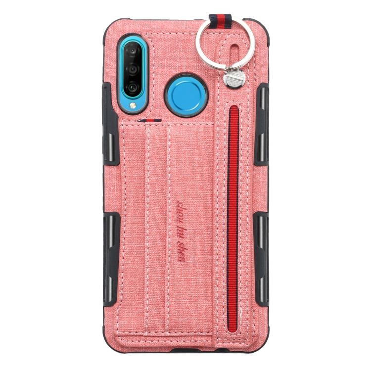 For Huawei P30 Lite Cloth Texture + TPU Shockproof Protective Case with Metal Ring & Holder & Card Slots & Hanging Strap