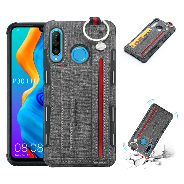 For Huawei P30 Lite Cloth Texture + TPU Shockproof Protective Case with Metal Ring & Holder & Card Slots & Hanging Strap