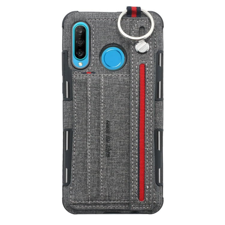 For Huawei P30 Lite Cloth Texture + TPU Shockproof Protective Case with Metal Ring & Holder & Card Slots & Hanging Strap