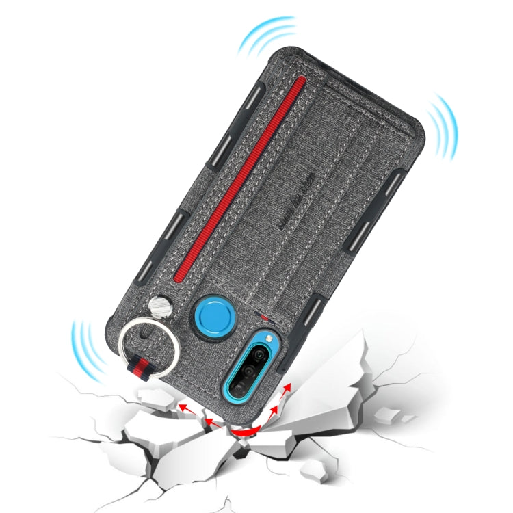 For Huawei P30 Lite Cloth Texture + TPU Shockproof Protective Case with Metal Ring & Holder & Card Slots & Hanging Strap