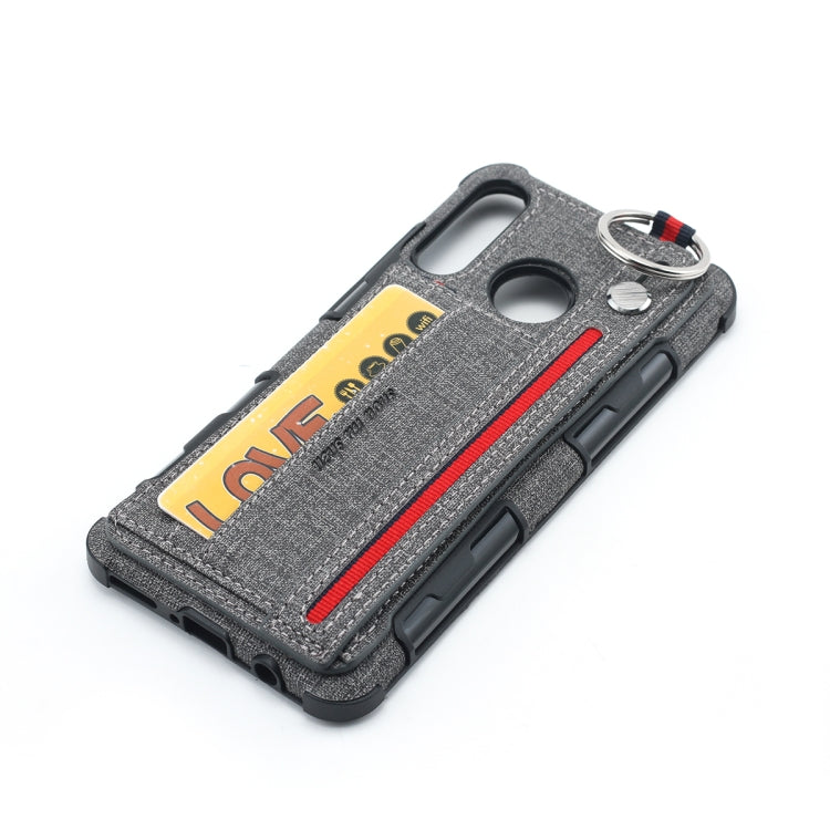 For Huawei P30 Lite Cloth Texture + TPU Shockproof Protective Case with Metal Ring & Holder & Card Slots & Hanging Strap