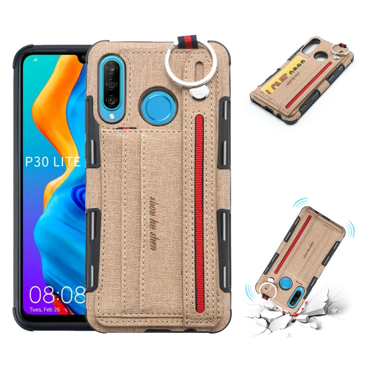 For Huawei P30 Lite Cloth Texture + TPU Shockproof Protective Case with Metal Ring & Holder & Card Slots & Hanging Strap