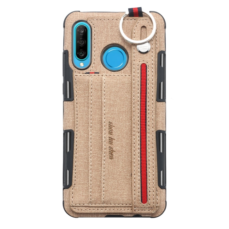 For Huawei P30 Lite Cloth Texture + TPU Shockproof Protective Case with Metal Ring & Holder & Card Slots & Hanging Strap
