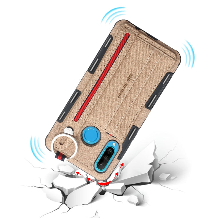 For Huawei P30 Lite Cloth Texture + TPU Shockproof Protective Case with Metal Ring & Holder & Card Slots & Hanging Strap