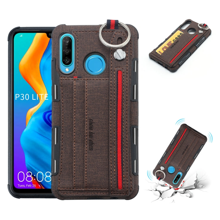 For Huawei P30 Lite Cloth Texture + TPU Shockproof Protective Case with Metal Ring & Holder & Card Slots & Hanging Strap