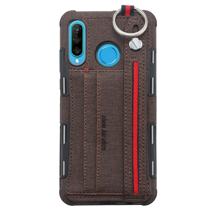 For Huawei P30 Lite Cloth Texture + TPU Shockproof Protective Case with Metal Ring & Holder & Card Slots & Hanging Strap