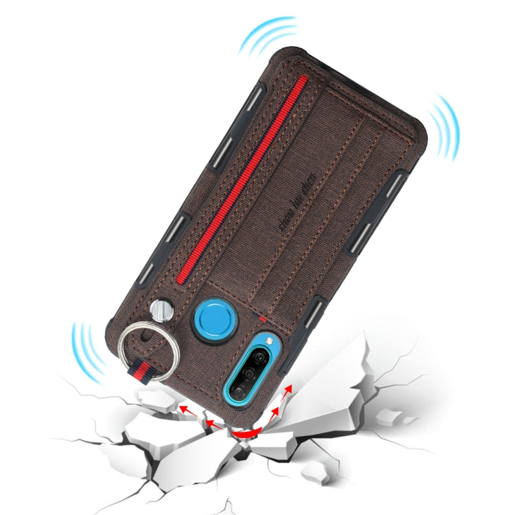 For Huawei P30 Lite Cloth Texture + TPU Shockproof Protective Case with Metal Ring & Holder & Card Slots & Hanging Strap