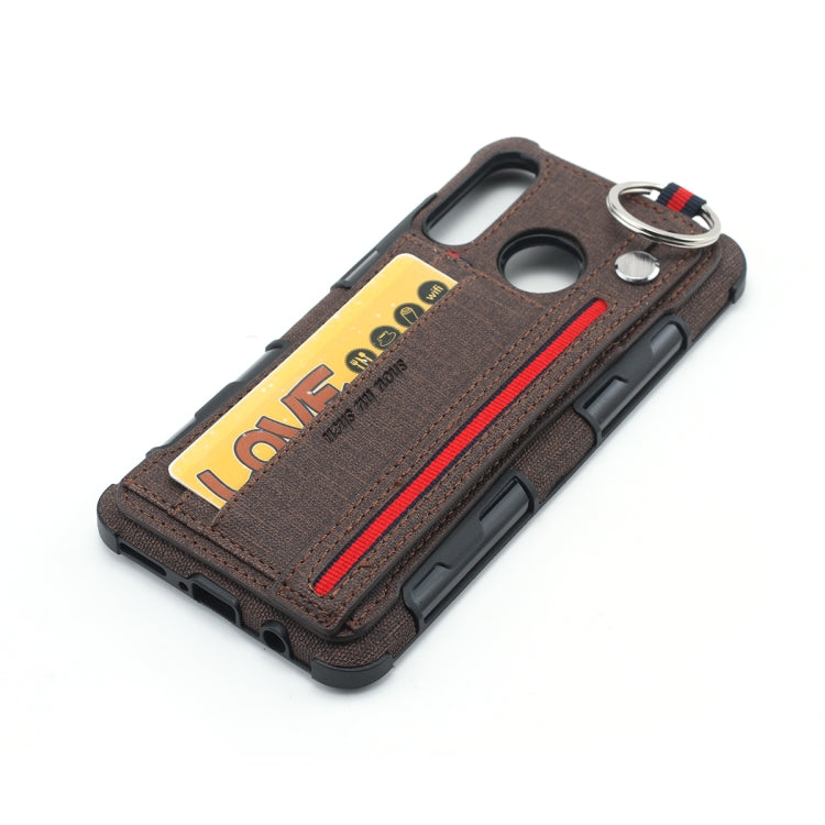 For Huawei P30 Lite Cloth Texture + TPU Shockproof Protective Case with Metal Ring & Holder & Card Slots & Hanging Strap
