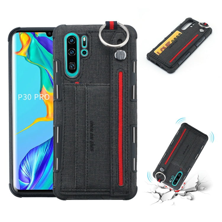 For Huawei P30 Pro Cloth Texture + TPU Shockproof Protective Case with Metal Ring & Holder & Card Slots & Hanging Strap