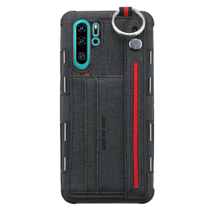 For Huawei P30 Pro Cloth Texture + TPU Shockproof Protective Case with Metal Ring & Holder & Card Slots & Hanging Strap