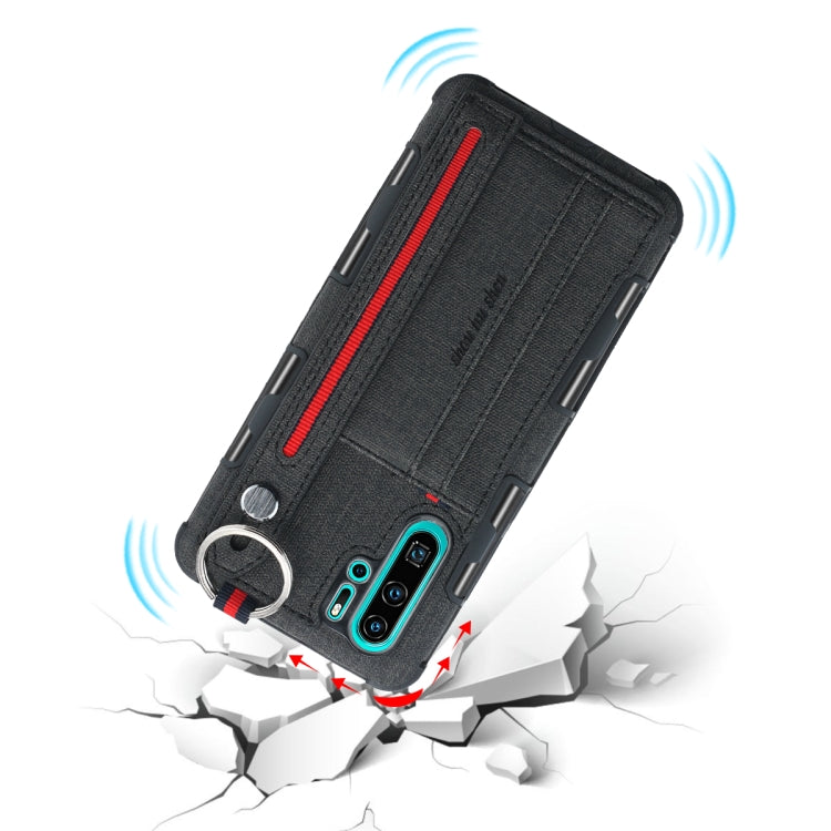 For Huawei P30 Pro Cloth Texture + TPU Shockproof Protective Case with Metal Ring & Holder & Card Slots & Hanging Strap