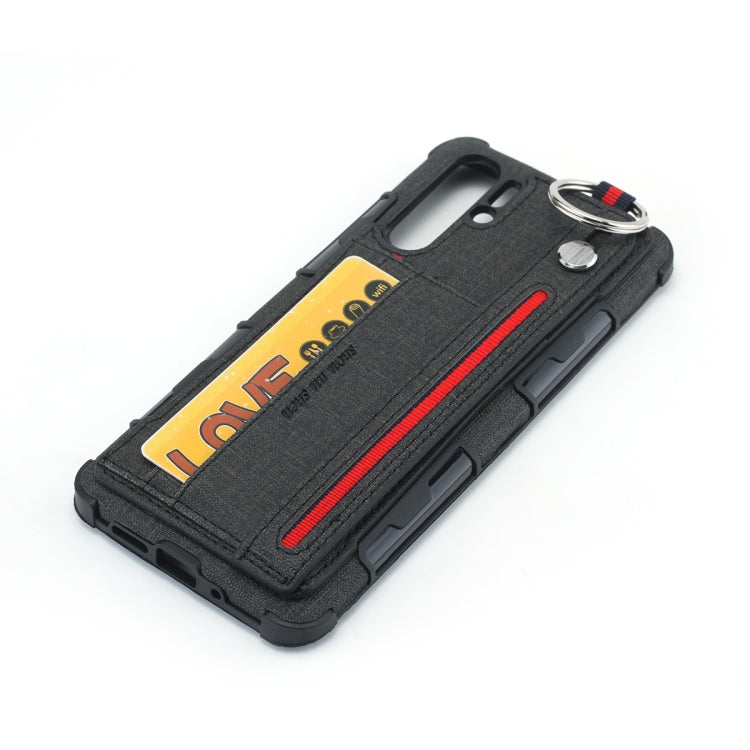 For Huawei P30 Pro Cloth Texture + TPU Shockproof Protective Case with Metal Ring & Holder & Card Slots & Hanging Strap